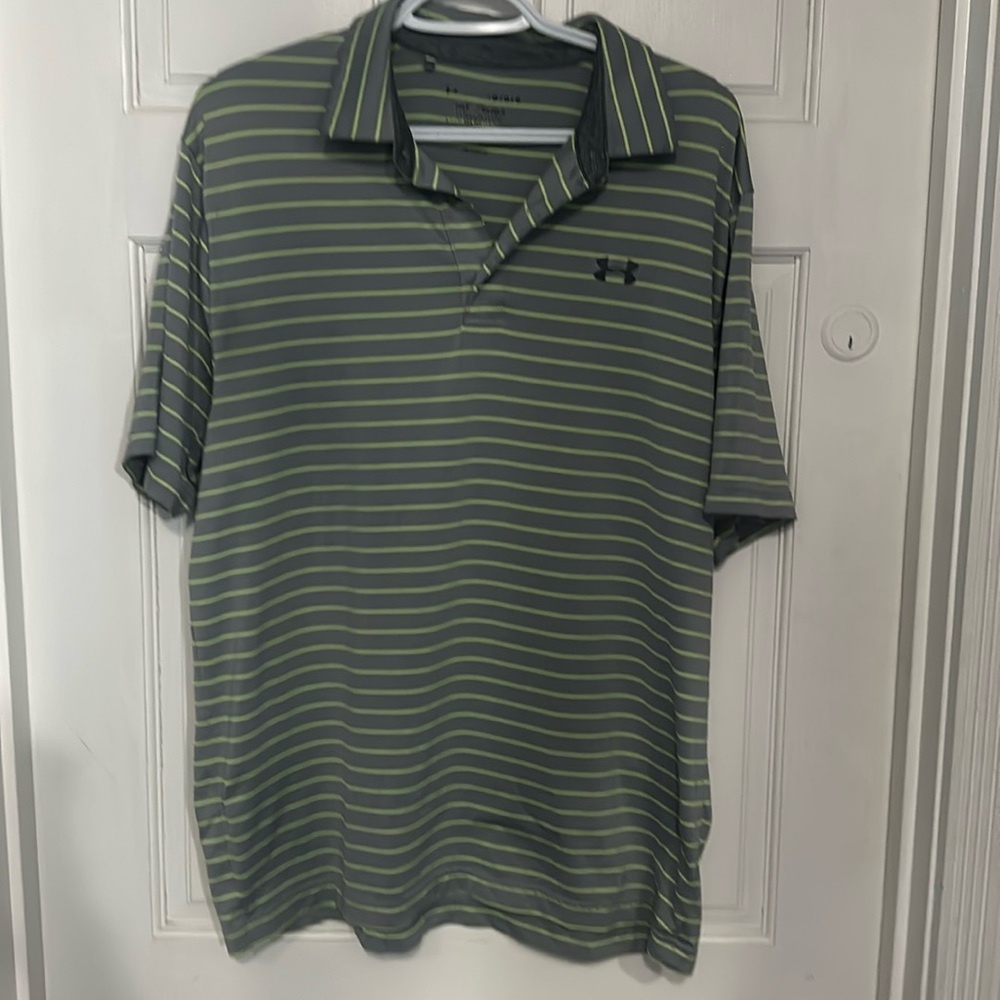 Under Armour Striped Polo Shirt Men's Large HeatGear Loose Fit Short Sleeve Knit